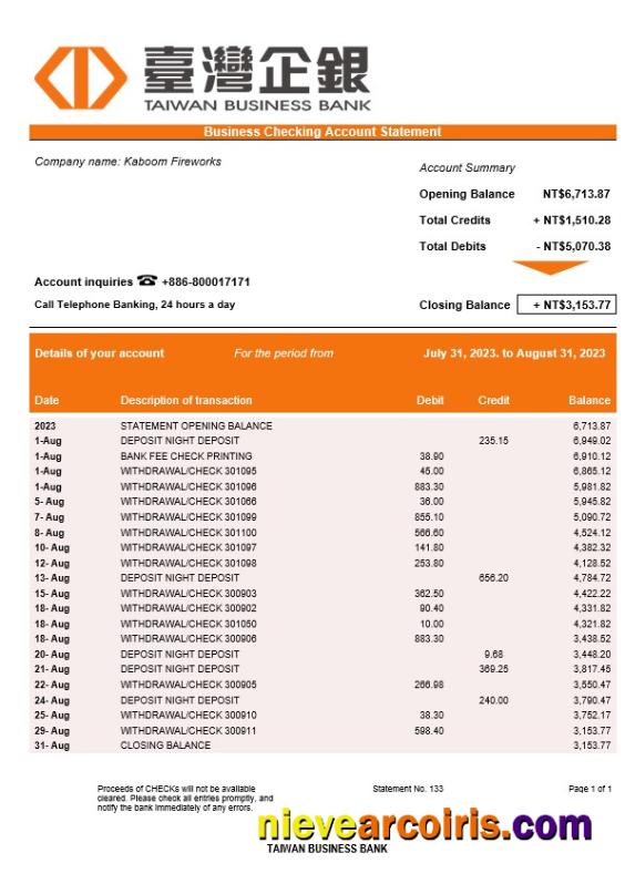 Taiwan Business Bank statement